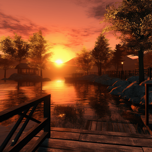 A serene sunset over a calm lake, with a wooden dock, trees, and a mountain in the distance.