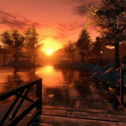 Image of A serene sunset over a calm lake, with a wooden dock, trees, and a mountain in the distance.