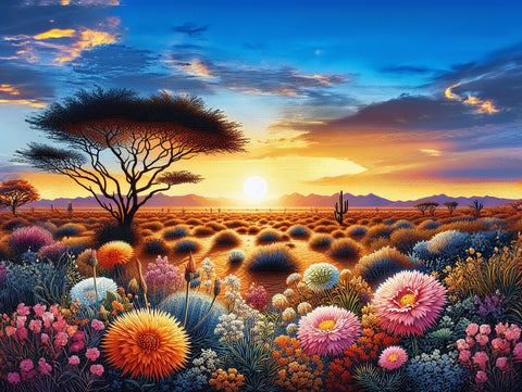 Image of Diamond painting of a vibrant sunset over a field of wildflowers in full bloom, with warm orange, pink, and purple hues illuminating the sky.