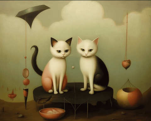 Image of Diamond Painting of Two Kittens in a Surreal Setting with Abstract Objects