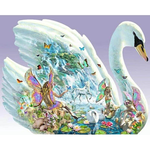 Image of Diamond Painting of a Swan with a Fairy, Unicorn, and Butterflies