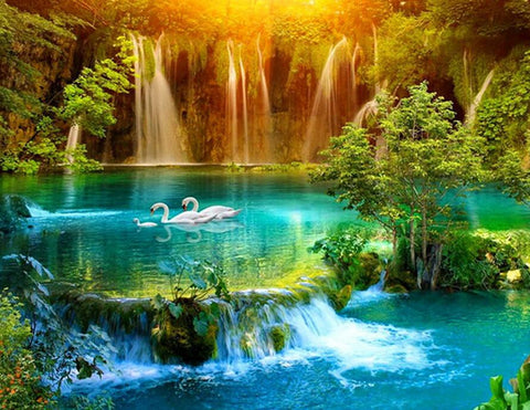 Image of Diamond Painting of Swans Swimming in a Serene Lake with a Waterfall