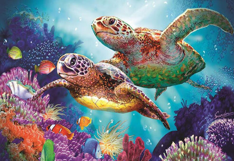 Image of Diamond painting of two sea turtles swimming over a colorful coral reef.