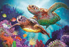 Diamond painting of two sea turtles swimming over a colorful coral reef.