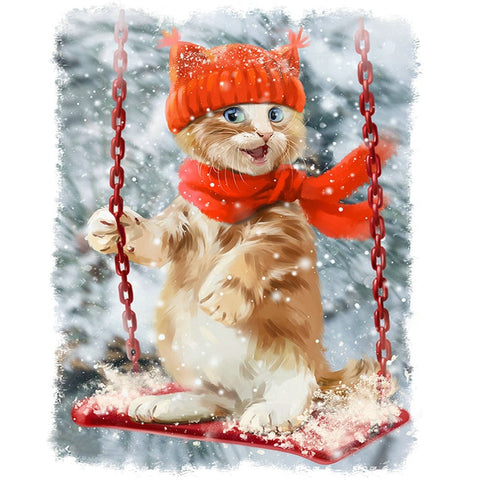 Image of Diamond painting of a cat swinging on a swing in a snowy landscape.