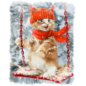 Diamond painting of a cat swinging on a swing in a snowy landscape.