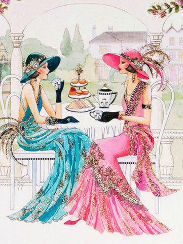 Image of Diamond painting of two girls having tea time.