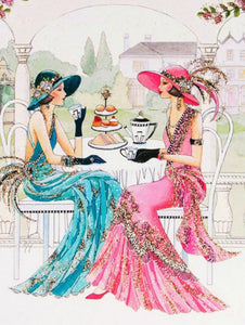 Diamond painting of two girls having tea time.