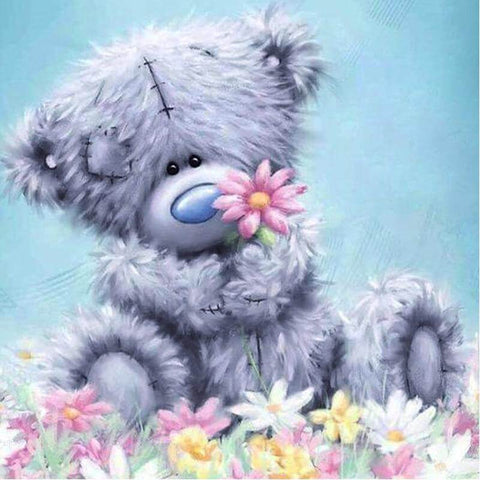 Image of Diamond Painting of a Cute Teddy Bear Holding a Flower