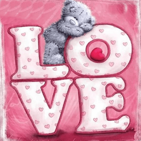 Image of Diamond Painting of a Teddy Bear Leaning on the Word 'Love