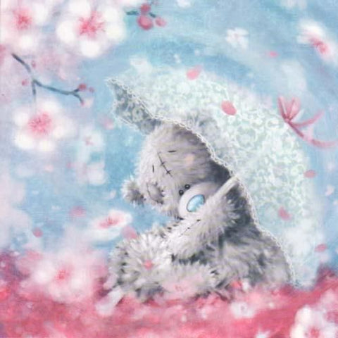 Image of Diamond Painting of a Cute Teddy Bear Holding an Umbrella Under a Blossom Tree