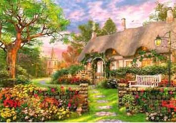 Thatched Cottage with Flowers diamond painting