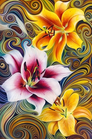 Image of Diamond painting of three colorful flowers in a mosaic pattern on a colorful background.