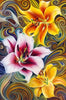 Diamond painting of three colorful flowers in a mosaic pattern on a colorful background.