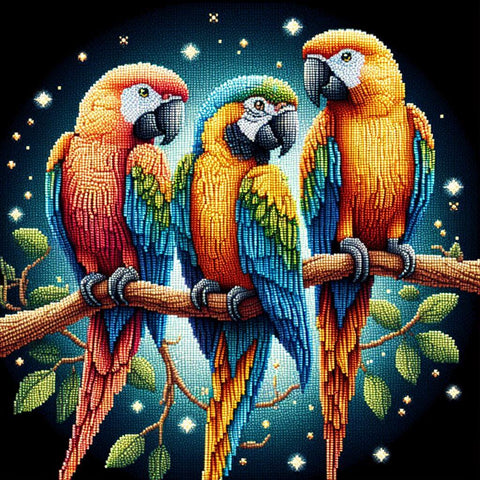 Image of Diamond painting of Three colorful parrots playing on a tree branch.