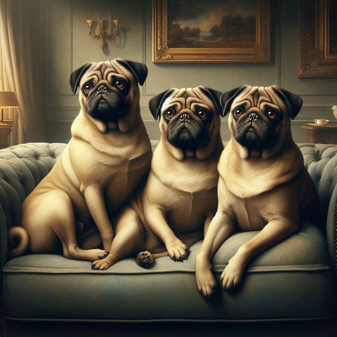 Image of Diamond painting: Three adorable pugs sitting on a couch.