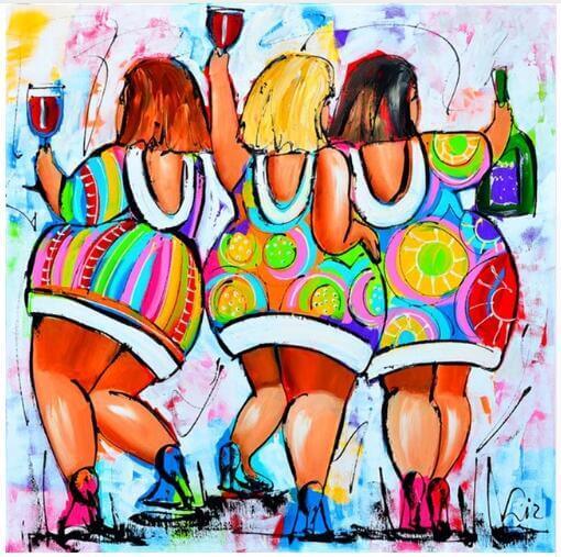 Three women having fun with a bottle and glass of wine.