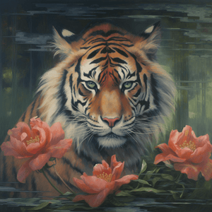 Diamond Painting of a Tiger surrounded with flowers.