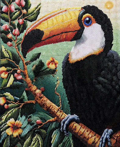 Image of Diamond painting of a colorful Toco toucan perched on a branch.
