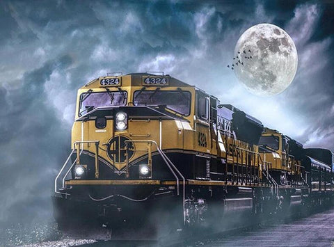 Image of Diamond Painting of a Train Traveling Through the Night Under a Full Moon