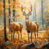 Diamond painting of two tranquil deer in a colorful fall forest.