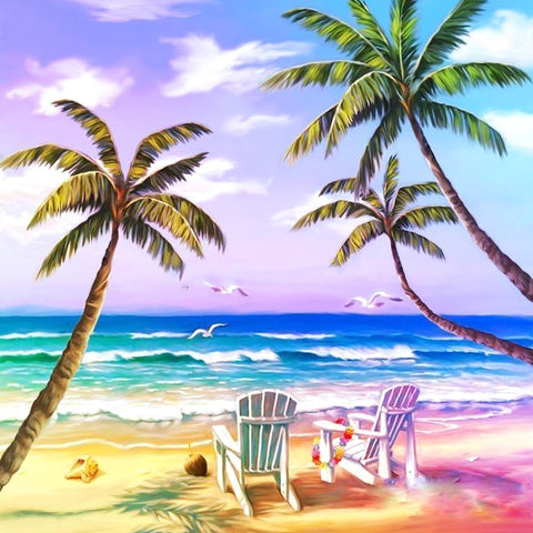 Image of Diamond painting of a tropical beach with two chairs, palm trees, and a beautiful ocean view