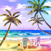 Diamond painting of a tropical beach with two chairs, palm trees, and a beautiful ocean view