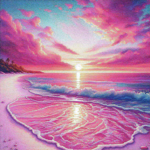 Image of Sparkling diamond art depicting a vibrant pink sunrise over a tropical island