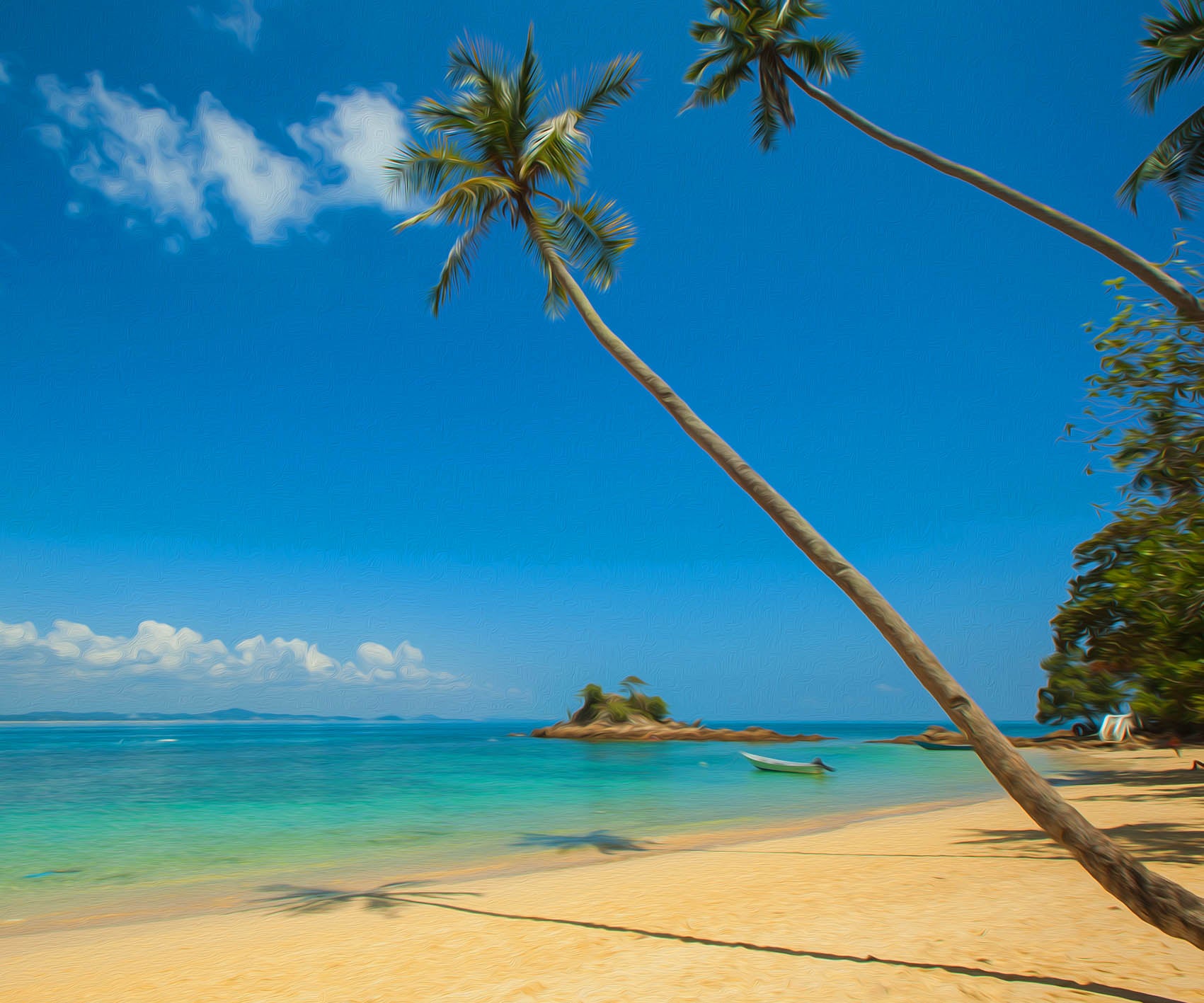 Diamond Painting of a Tropical Beach with Palm Trees, Clear Water, and a Small Island