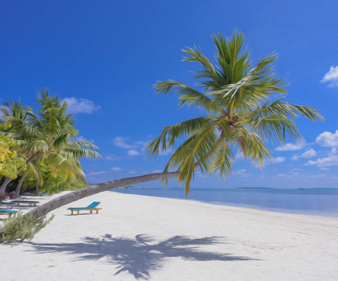 Image of Diamond Painting of a Tropical Beach with Palm Trees and Lounge Chairs