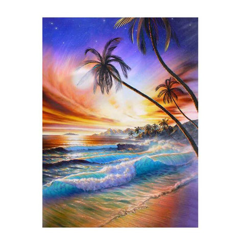 Image of Diamond Painting of a Tropical Beach with Palm Trees at Sunset