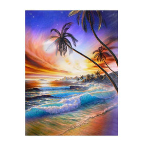 Diamond Painting of a Tropical Beach with Palm Trees at Sunset