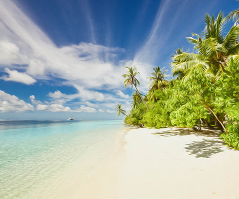 Image of Diamond painting of a tropical island paradise with white sandy beaches, palm trees, and crystal-clear turquoise water