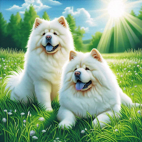 Image of adorable diamond painting of two fluffy white Chow Chow puppies playing in a sunny meadow