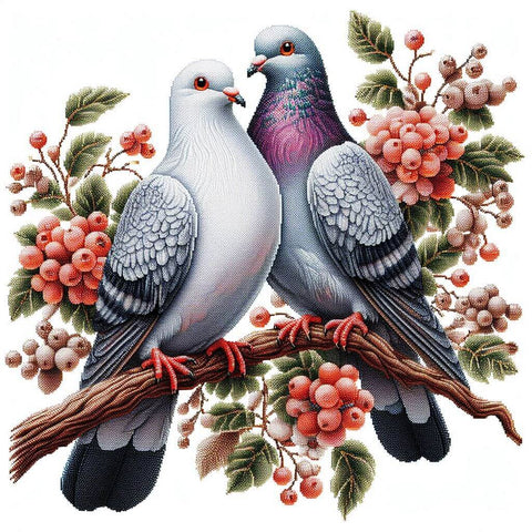 Image of Two doves perched on a branch with red berries, surrounded by lush green leaves.