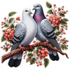 Two doves perched on a branch with red berries, surrounded by lush green leaves.