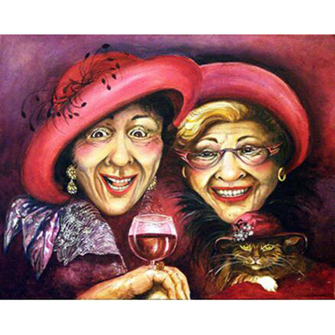 Image of Diamond painting artwork showcasing two elderly women, one holding a glass of wine and the other holding a cat.
