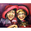 Diamond painting artwork showcasing two elderly women, one holding a glass of wine and the other holding a cat.