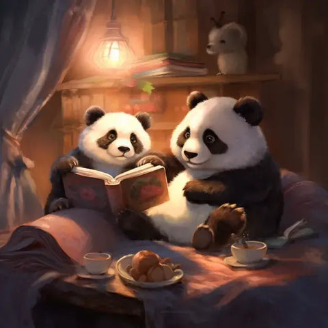 Image of Diamond Painting of Two Pandas Reading in Bed