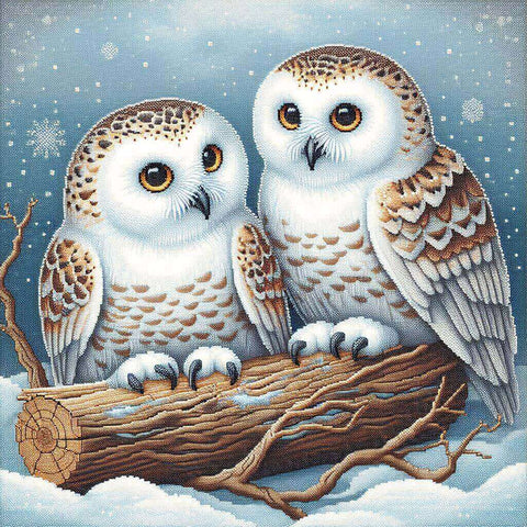 Image of Diamond painting of two snowy owls perched on a snowy branch.