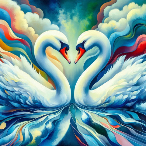 Image of Diamond painting of two swans forming a heart shape with their necks