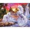 Diamond painting: Two unicorns standing near a waterfall.