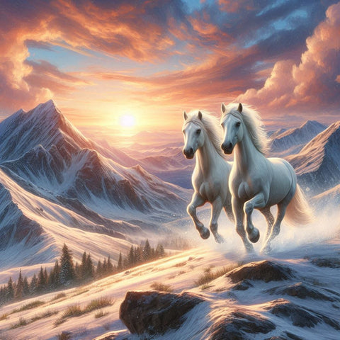 Image of Two white horses galloping through a snowy mountain pass at sunset, with a forest in the distance.