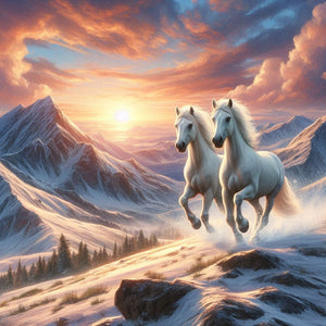 Two white horses galloping through a snowy mountain pass at sunset, with a forest in the distance.