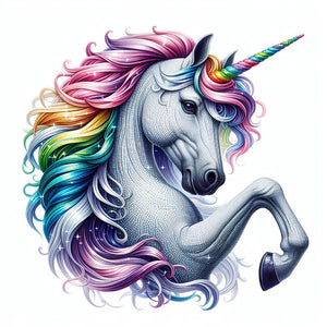 Diamond painting of a unicorn with a rainbow mane and horn