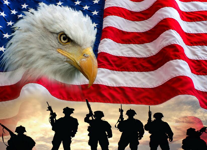 Diamond painting of a US Army soldier silhouette with a bald eagle and American flag in the background.