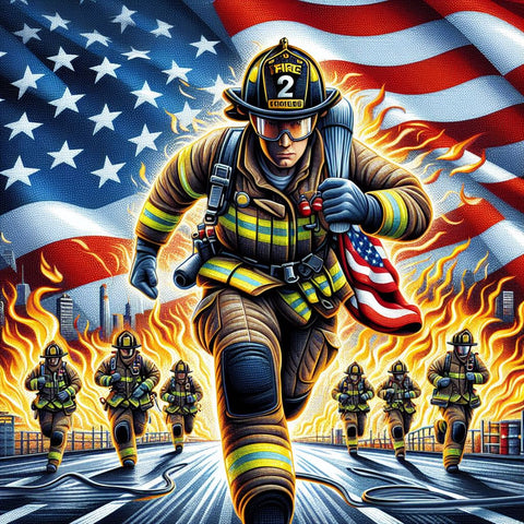 Image of Patriotic diamond painting depicting firefighters honoring the American flag.