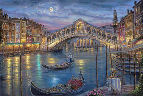 Image of Diamond painting of a Venetian canal at night with gondolas, a bridge, and buildings with lit windows.