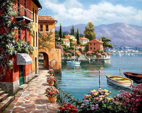 Image of Diamond painting of a scenic Venetian cityscape with canals, boats, and colorful buildings