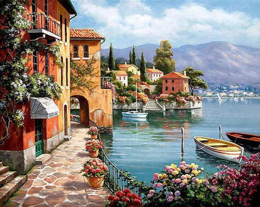 Diamond painting of a scenic Venetian cityscape with canals, boats, and colorful buildings